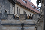 Every Saturday night when weather is warm enough, the brass quartet serenades tourists from the rampart at the west end of Charles Bridge.